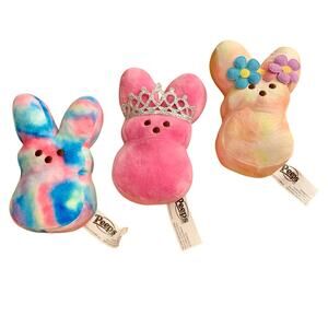 Peeps Easter Bunny 5" Plush Stuffed Set of 3 Pink Yellow Tie-Dye Floral Tiara